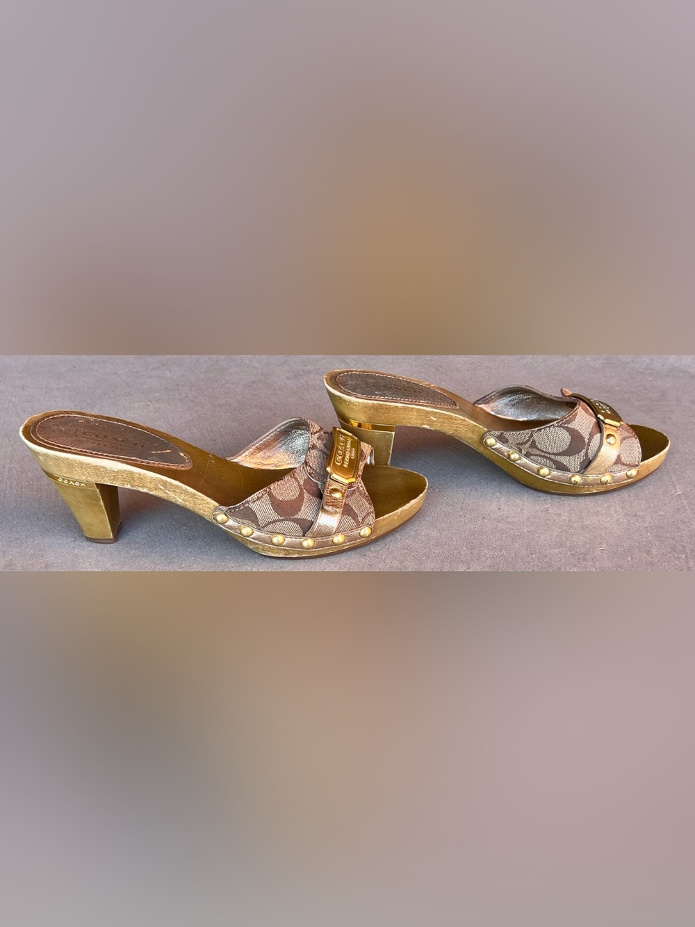 Coach Abella Y2K Signature C Wooden Slide Mule Heels Brown Logo Jacquard Size 8
